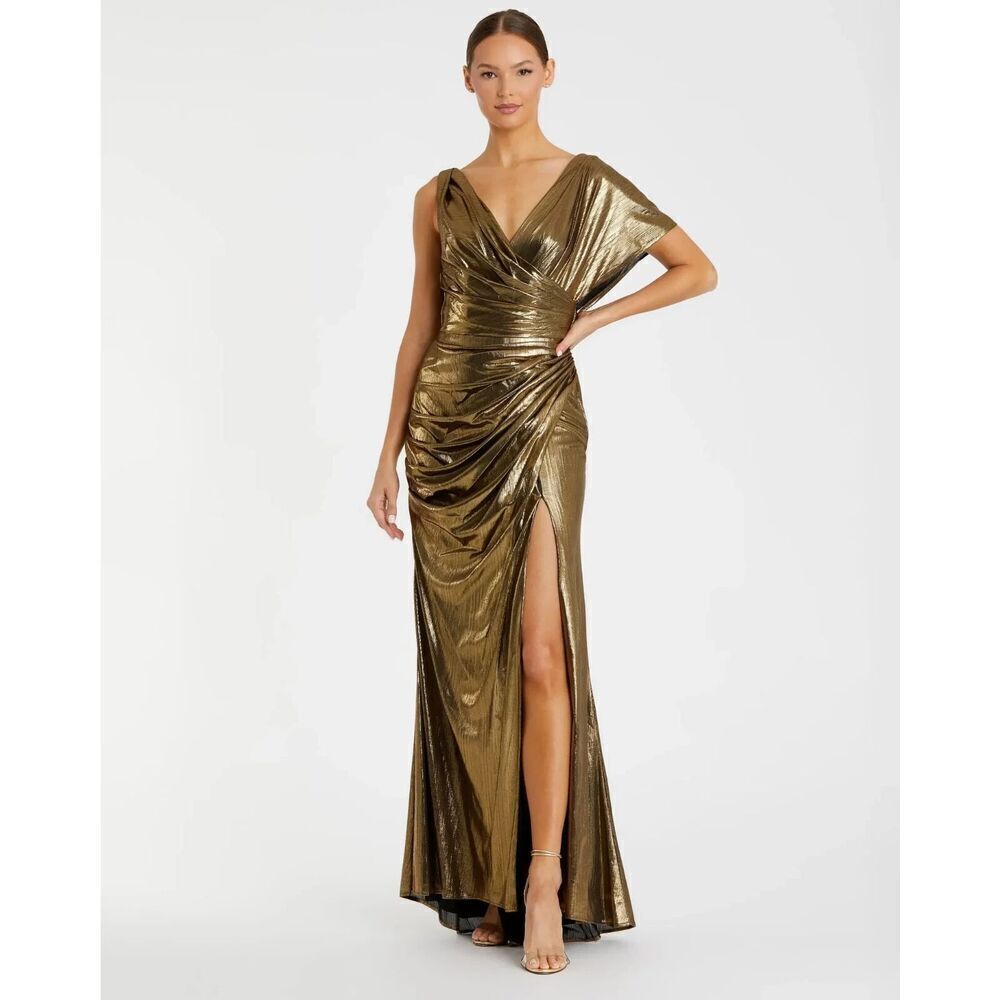 $498 New Ieena for Mac Duggal  Gold Asymmetrical Draped Metallic Trumpet Gown 4